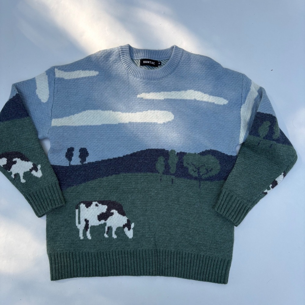 VAMTAC Cow Landscape Intarsia Knit Sweater Mens Medium Blue Green Pastoral